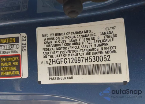 2007 Honda Civic Lx from USA, damaged, VIN 2HGFG12697H530052